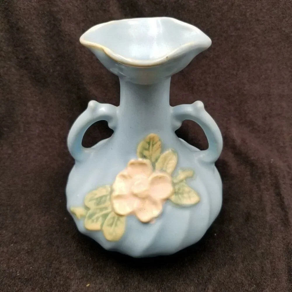 Vintage Blue Weller Pottery Double Handle Vase Magnolia American Pottery 6